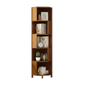 Five-tier corner bookcase in warm brown wood styled with books, plants, and ceramics, front view on white background