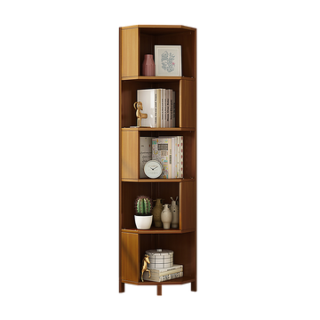 Five-tier corner bookcase in warm brown wood styled with books, plants, and ceramics, front view on white background