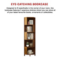 Corner bookcase features infographic: 5 shelves for books, ornaments or collectibles; text reads Eye-catching bookcase