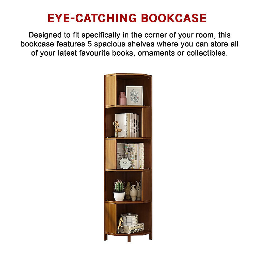 Corner bookcase features infographic: 5 shelves for books, ornaments or collectibles; text reads Eye-catching bookcase