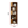 5-tier corner bookcase dimensions diagram: 169 cm tall, 32 cm wide, styled with books, clock and ornaments