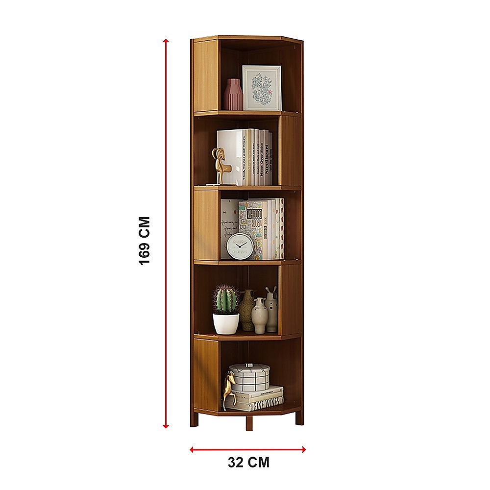 5-tier corner bookcase dimensions diagram: 169 cm tall, 32 cm wide, styled with books, clock and ornaments