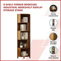 Corner bookcase features: sturdy bamboo and MDF construction, 9kg weight, easy to move; text reads 5-shelf corner bookcase