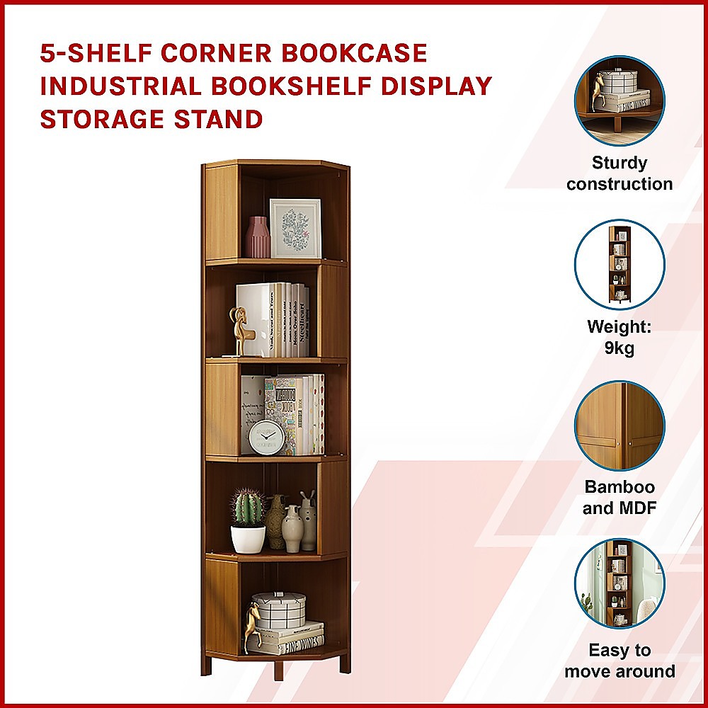Corner bookcase features: sturdy bamboo and MDF construction, 9kg weight, easy to move; text reads 5-shelf corner bookcase