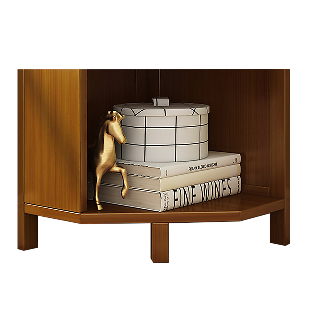 Close-up of corner bookcase bottom shelf with books, a round grid box, and a gold horse figurine on warm brown wood