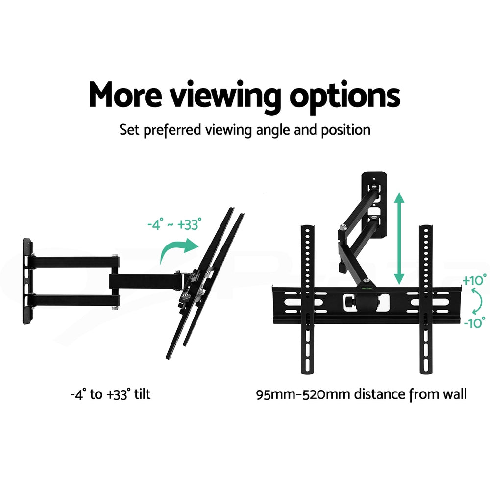 Full-motion corner TV bracket viewing options minus-4 to plus-33 degree tilt and 95mm to 520mm distance from wall diagram