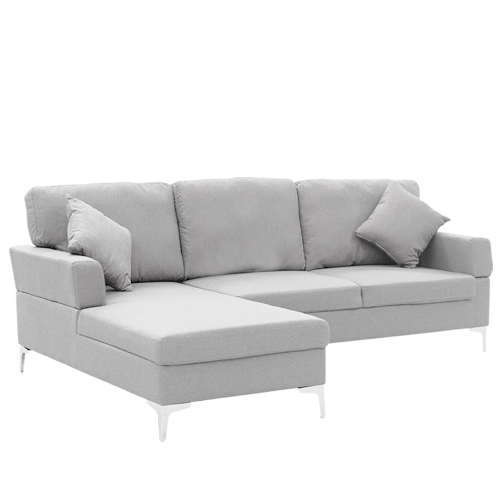 Light grey fabric L-shaped sofa with left chaise lounge two cushions and white metal legs on white background