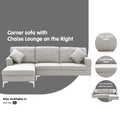 Light grey fabric corner sofa with right chaise features infographic showing fabric cushion and variant options