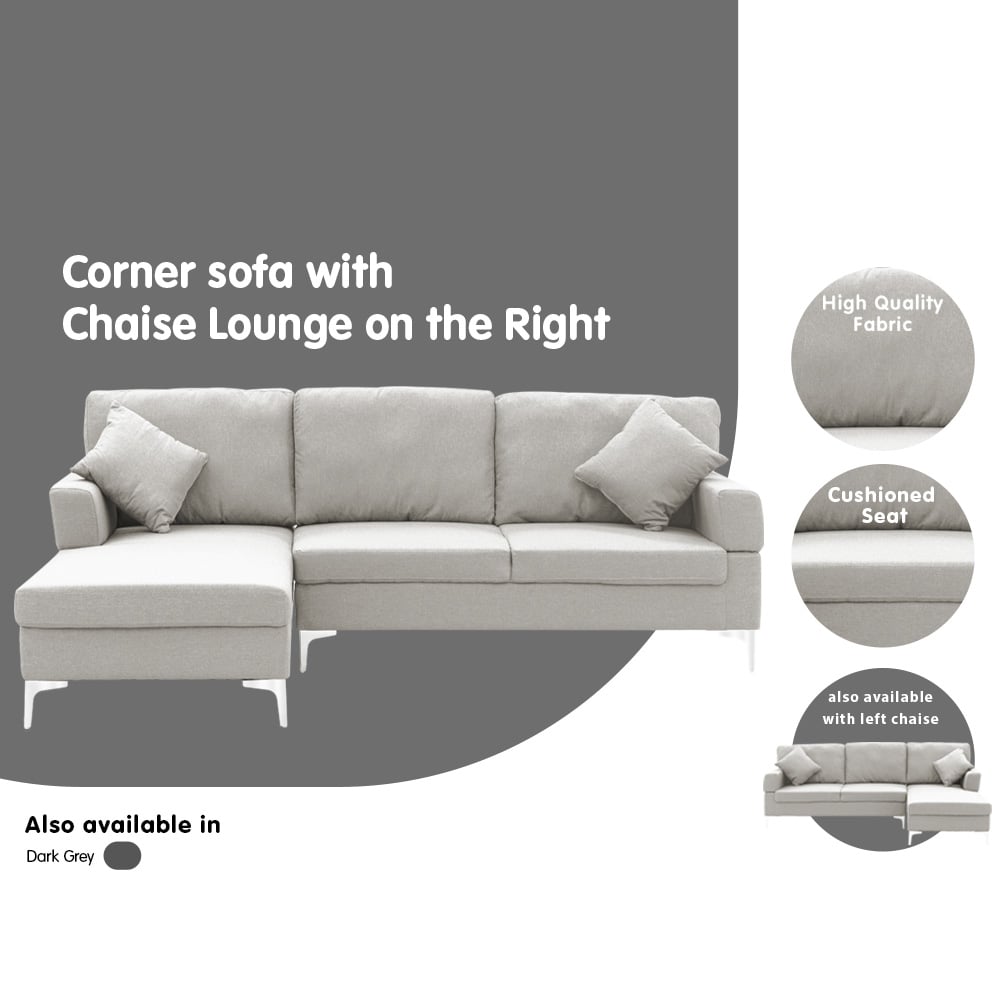 Light grey fabric corner sofa with right chaise features infographic showing fabric cushion and variant options