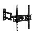Black full-motion corner TV wall bracket angle view on white small wall plate dual arms and spirit level on TV plate