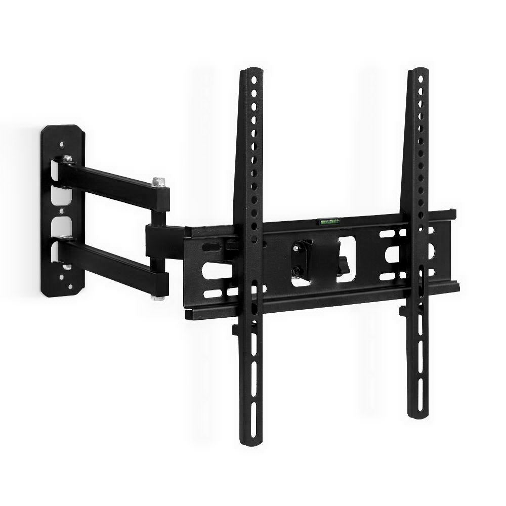 Black full-motion corner TV wall bracket angle view on white small wall plate dual arms and spirit level on TV plate