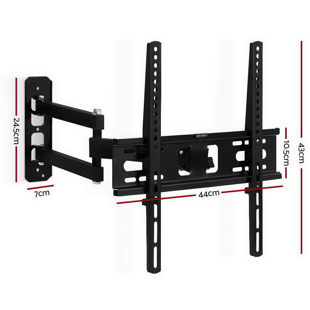 Full-motion corner TV bracket dimension diagram 24.5cm wall plate 7cm depth 44cm arm extension 43cm TV plate spirit level