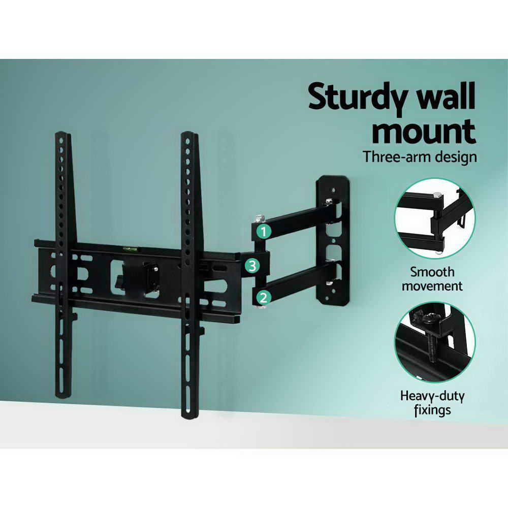 Full-motion corner TV bracket three-arm design on teal background joints 1-3 smooth movement and heavy-duty fixings