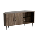 Greige wood corner TV unit on white background 2 doors with black handles 2 open shelves and black metal legs