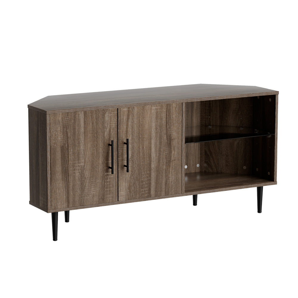 Greige wood corner TV unit on white background 2 doors with black handles 2 open shelves and black metal legs