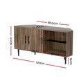 Corner TV unit dimensions diagram 120cm wide 80.5cm deep 60cm tall 14cm black legs 50cm open shelf width