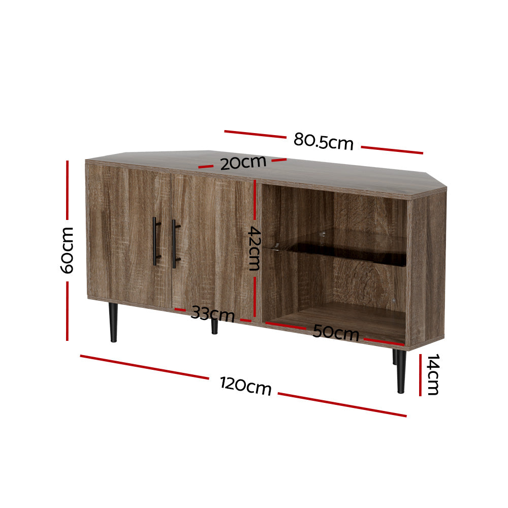 Corner TV unit dimensions diagram 120cm wide 80.5cm deep 60cm tall 14cm black legs 50cm open shelf width