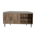 Greige wood corner TV unit front view on white background 2 doors and 2 open shelves with adjustable glass shelf