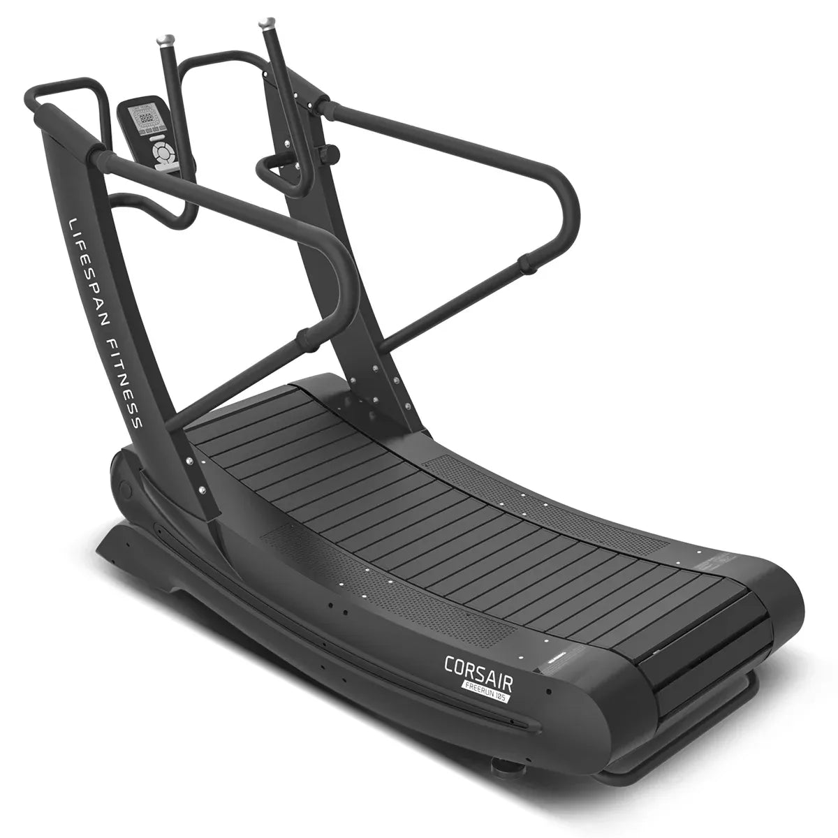 Corsair FreeRun 105 treadmill with curved frame and wide ribbed running deck on white background