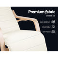 Close-up of cream bentwood recliner arm and seat fabric, badges: Premium fabric, Wear-resistant, Breathable, Soft touch