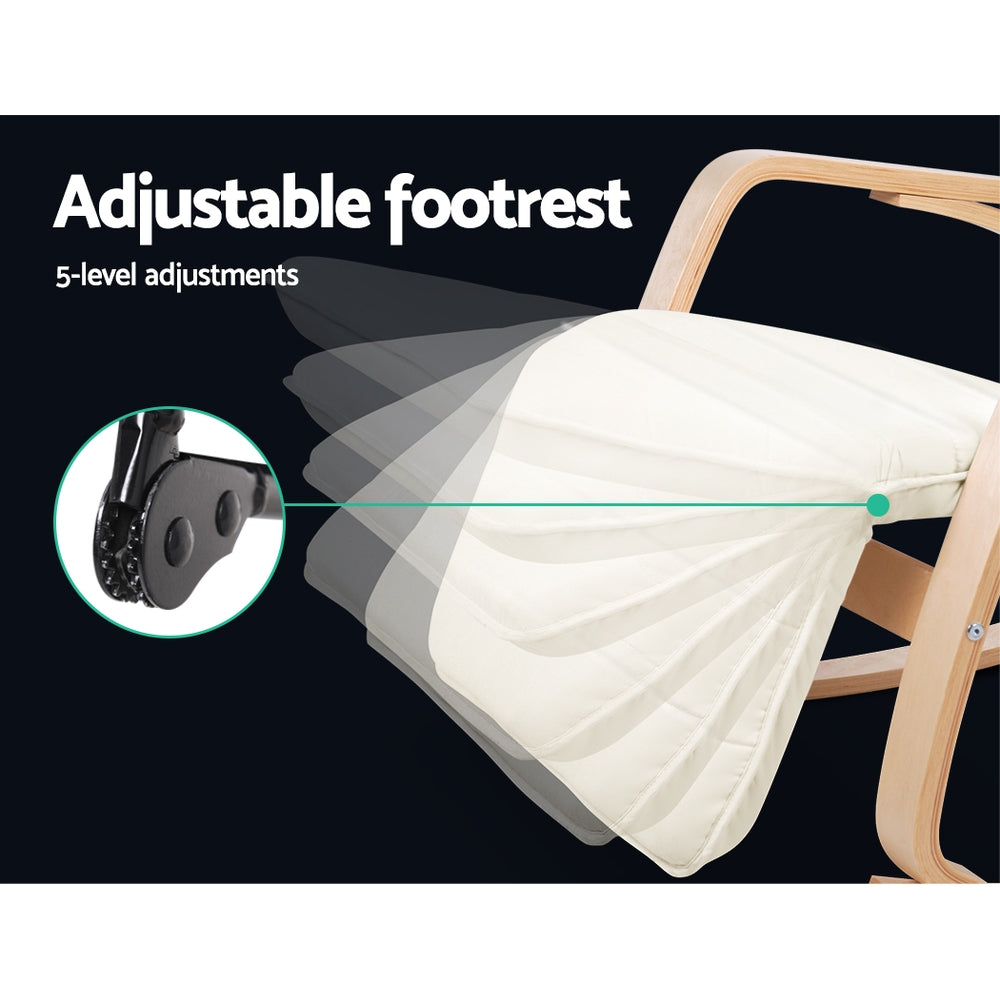 Cream bentwood recliner footrest infographic: 5-level ratchet mechanism, text: Adjustable footrest, 5-level adjustments