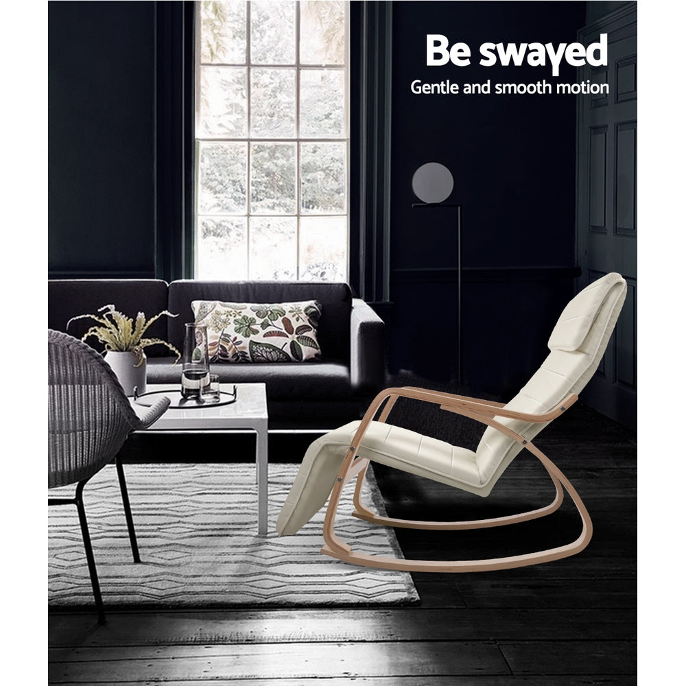 Cream bentwood rocking recliner in dark living room with sofa and patterned rug, text: Be swayed, Gentle and smooth motion