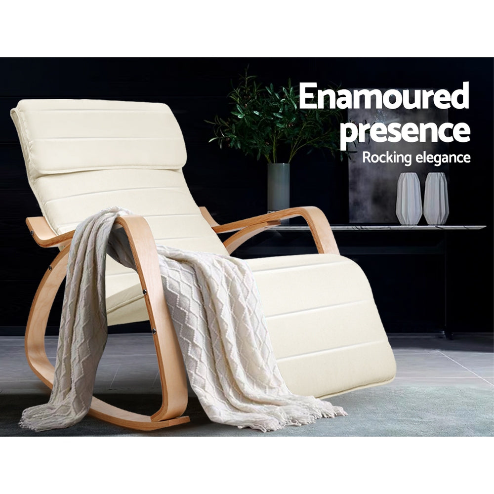 Cream bentwood rocking recliner with cream throw in dark lifestyle room, text: Enamoured presence, Rocking elegance