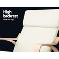 Close-up of cream fabric high backrest and headrest of bentwood rocking chair, text: High backrest, Wide and soft