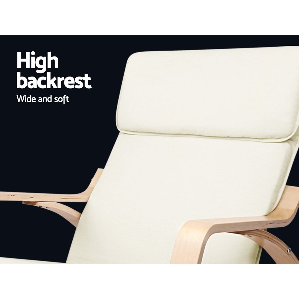 Close-up of cream fabric high backrest and headrest of bentwood rocking chair, text: High backrest, Wide and soft