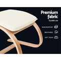 Close-up of cream fabric footrest cushion on bentwood frame, badges: Premium fabric, Wear-resistant, Breathable, Soft touch