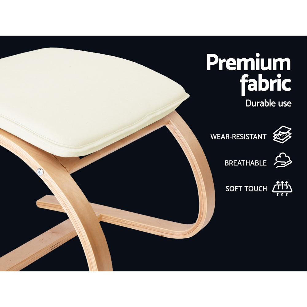 Close-up of cream fabric footrest cushion on bentwood frame, badges: Premium fabric, Wear-resistant, Breathable, Soft touch