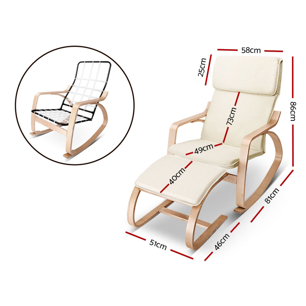 Cream fabric cushioned bentwood rocking chair with matching footrest in grey room beside wooden stool with gold tea set