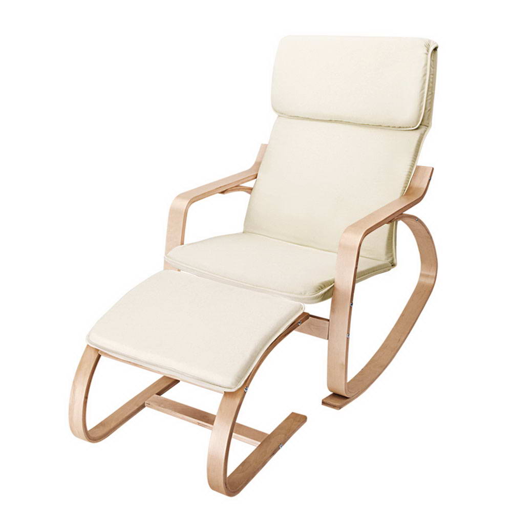 Cream fabric bentwood rocking chair with footrest, high backrest and curved wood frame, angle view on white background