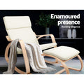 Cream bentwood rocking chair with footrest and white throw in dark lifestyle room, text: Enamoured presence, Rocking elegance