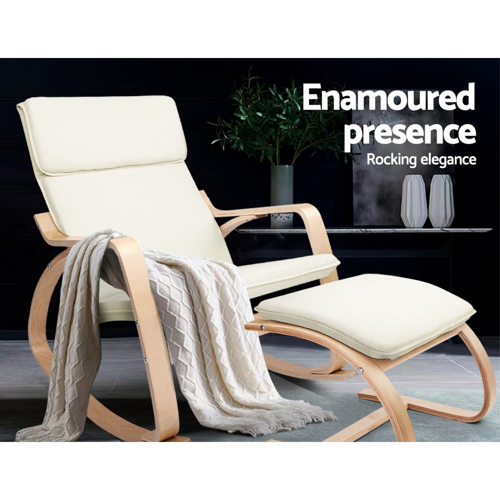 Cream bentwood rocking chair with footrest and white throw in dark lifestyle room, text: Enamoured presence, Rocking elegance