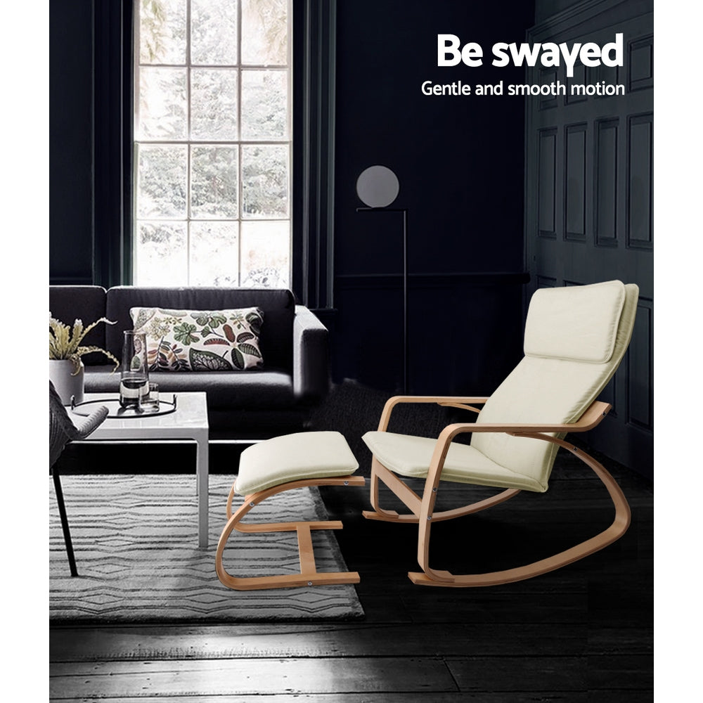 Cream bentwood rocking chair and footrest in dark living room with dark sofa, white coffee table, text: Be swayed