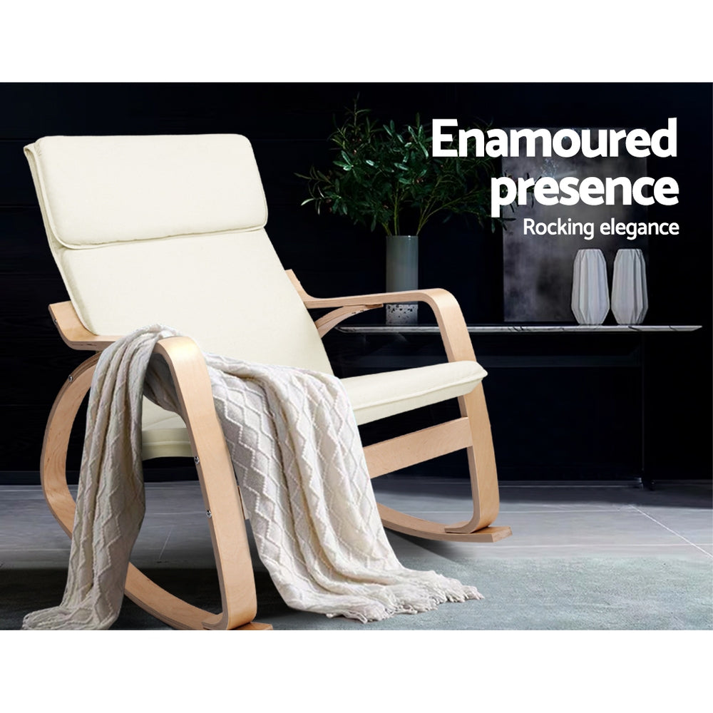 Cream bentwood rocking chair with white throw in dark lifestyle room with plant and white vases, text: Enamoured presence