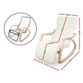 Dimensions diagram of cream bentwood rocking recliner: 58W 90H cm, back 75cm, footrest 50x35cm, length 67cm, depth 100cm