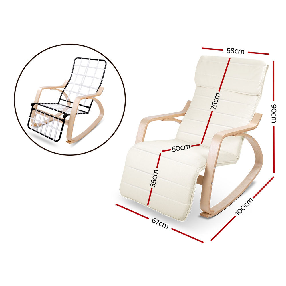 Dimensions diagram of cream bentwood rocking recliner: 58W 90H cm, back 75cm, footrest 50x35cm, length 67cm, depth 100cm