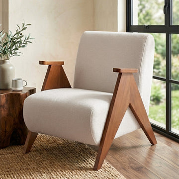Dimensions of cream boucle V-frame armchair: 80H 61W cm, seat 61x54cm 60cm high, back 48cm, arm 24x6cm, depth 80cm