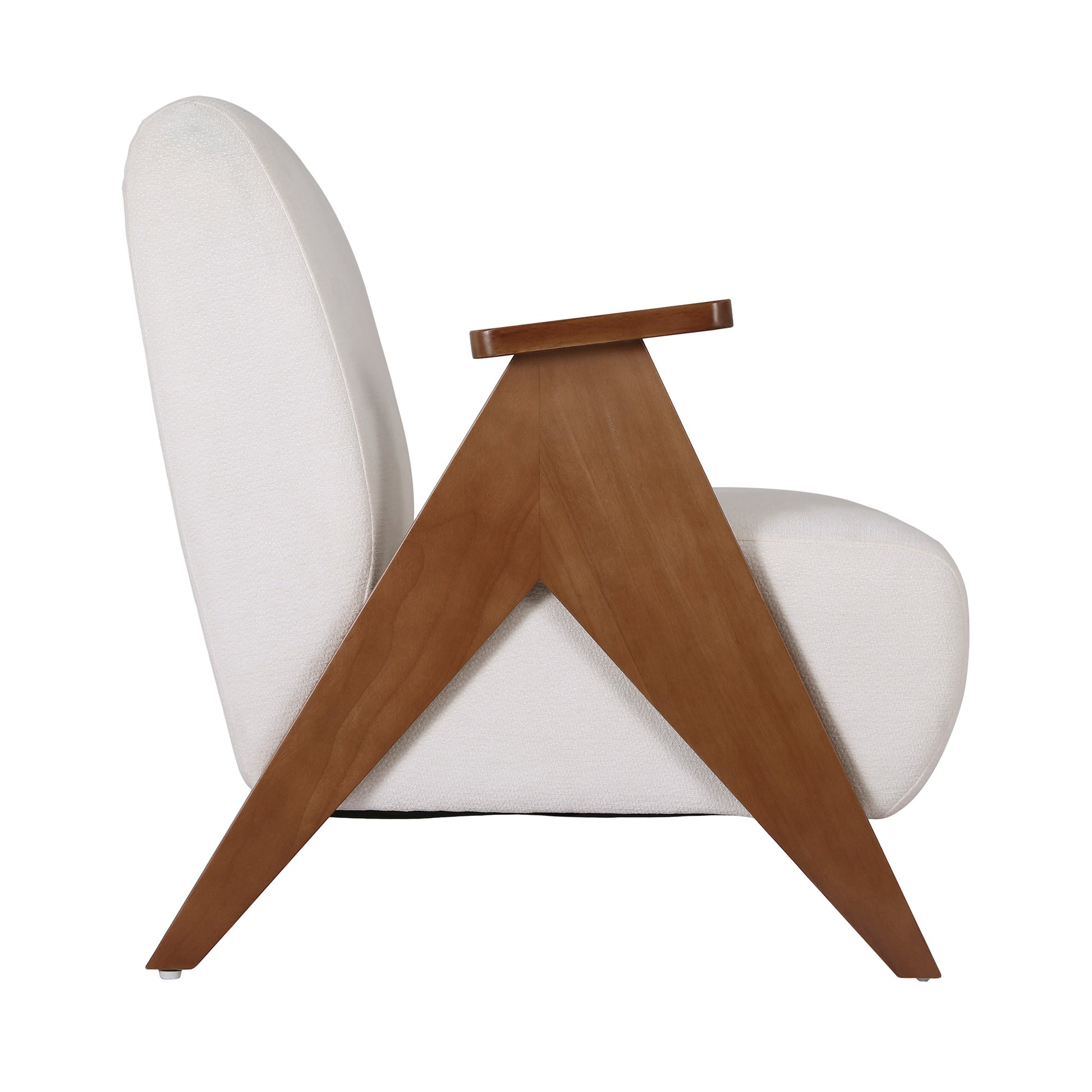 Cream boucle V-frame armchair in lifestyle room with fig tree, grey throw, 150KG badge, text: Sturdy rubber wooden frame