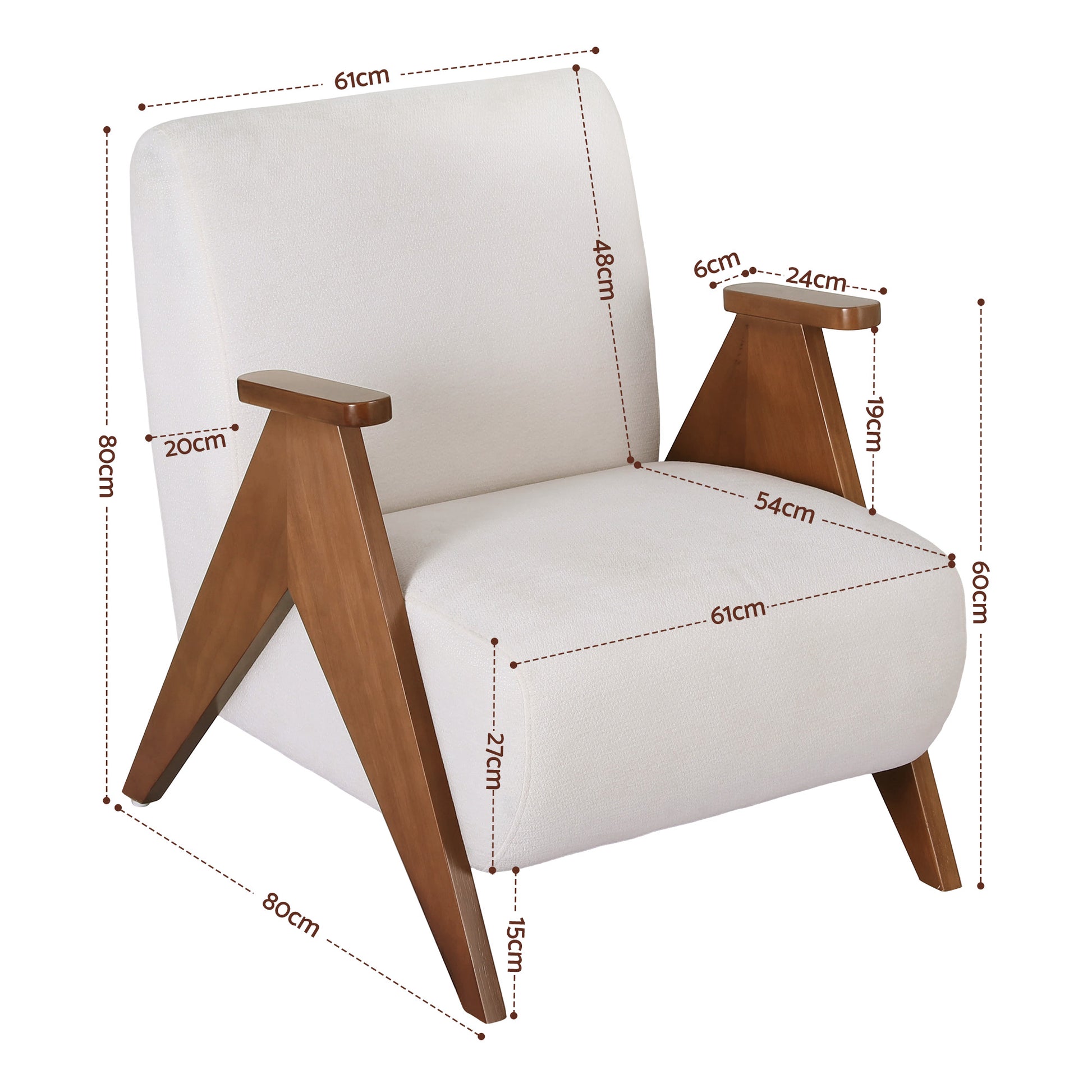 Cream boucle V-frame armchair with angled walnut diagonal legs and flat armrest, pure side view on white background
