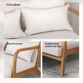 Three detail panels: extra pillows close-up, round corners rubberwood armrest, rubberwood frame and legs with text labels