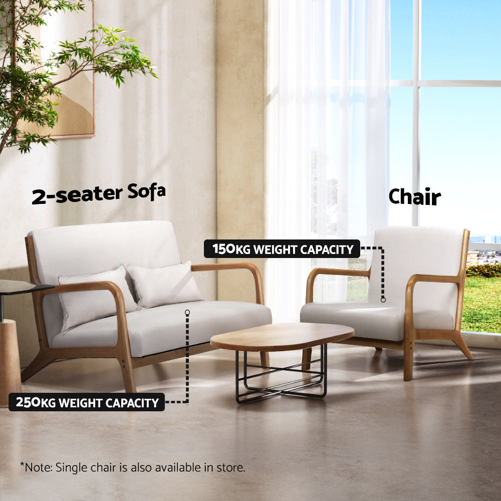 Cream fabric 2-seater sofa (250kg capacity) and matching chair (150kg capacity) in living room scene with coffee table