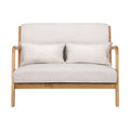 Cream fabric two-seater loveseat with natural wood curved frame, two cushions, front view on white background