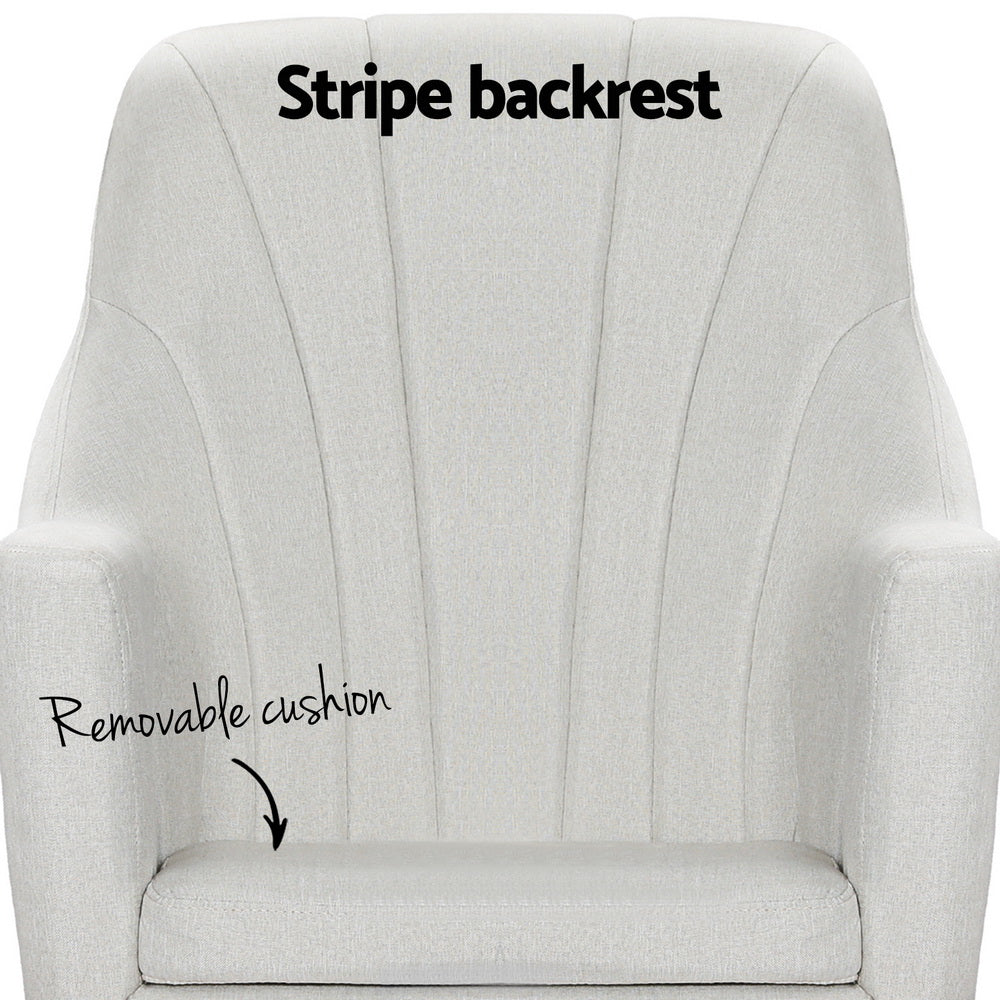 Cream fabric rocking chair close-up showing fan-stripe backrest pattern and removable cushion callout