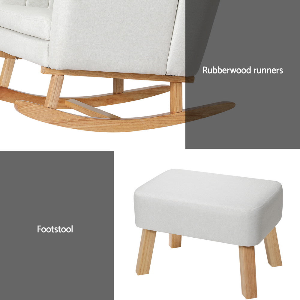 Split detail: rubberwood rocker base close-up with label, and matching cream fabric footstool with natural wood legs