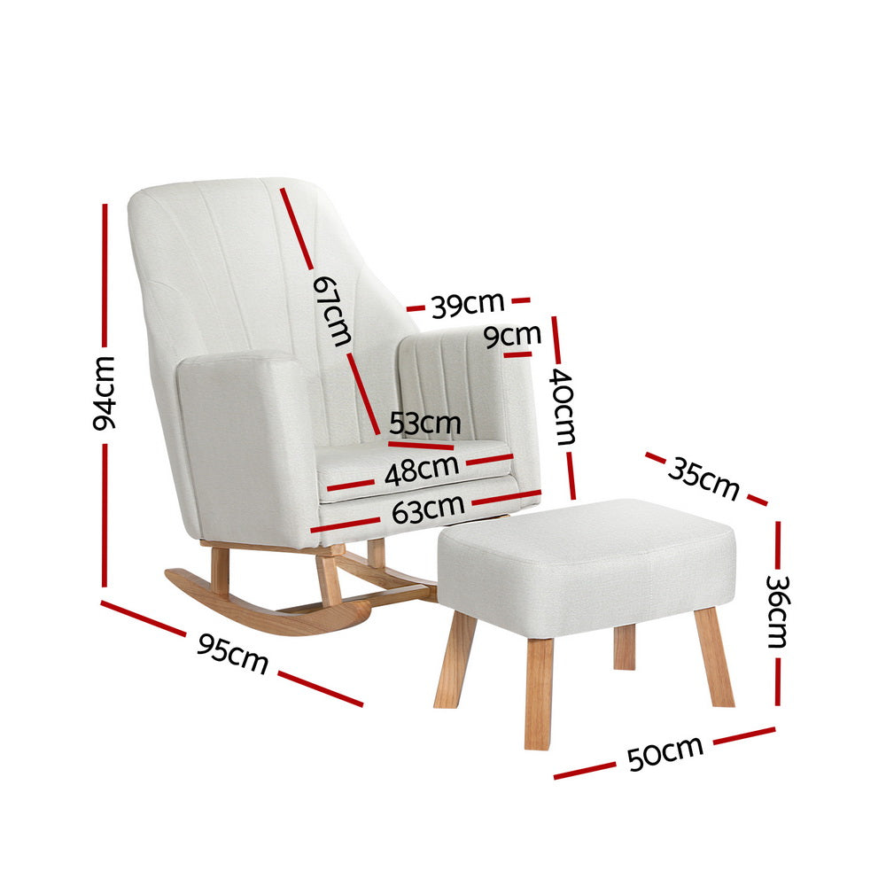 White linen rocking chair with cube ottoman, channel-stitched backrest and oak runners, green wall and wood floor setting