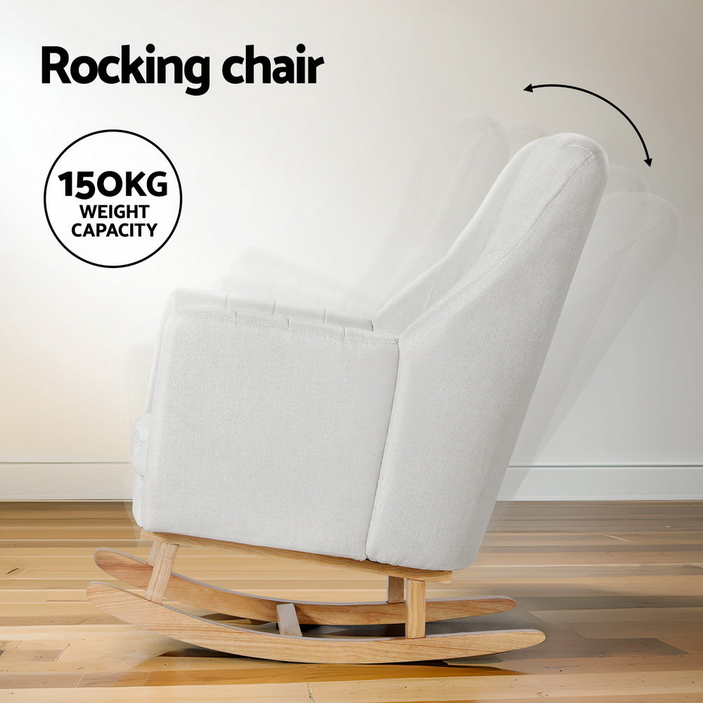 Cream rocking chair side-rear view showing rocker base, "Rocking chair" text, 150kg weight capacity badge, timber floor