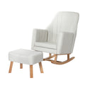 Cream fabric rocking chair with fan-stitched backrest and matching ottoman, natural wood rocking base, three-quarter view